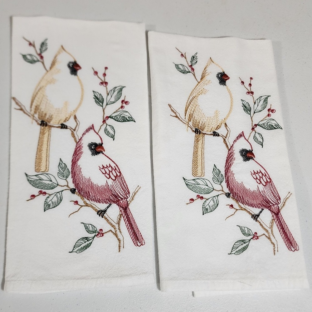 Cardinal Bird Embroidered Cotton Tea Towels Set of 2 White